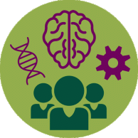 Brews and Views logo with people, brain, DNA, and gear icons